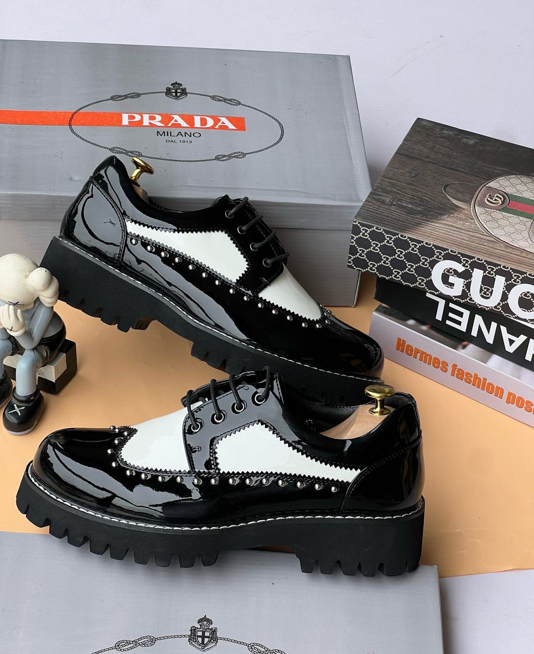 Prada Studded Two-Tone Spectator Derby Shoes - Image 3
