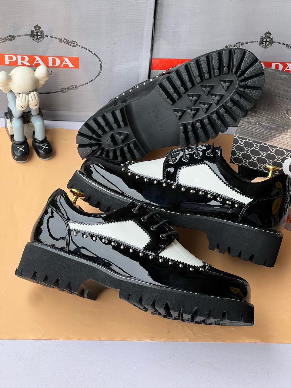 Prada Studded Two-Tone Spectator Derby Shoes