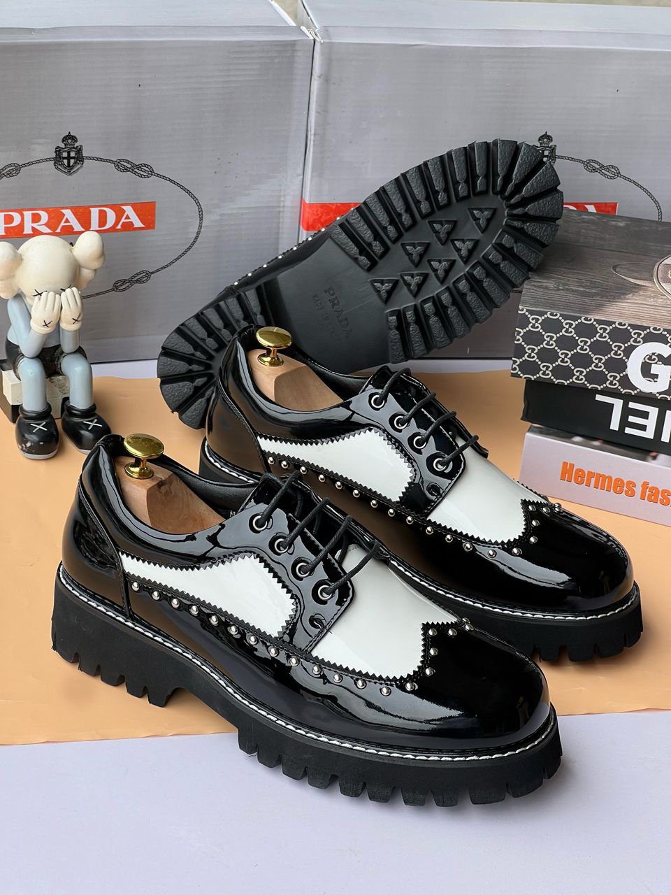 Prada Studded Two-Tone Spectator Derby Shoes - Image 2