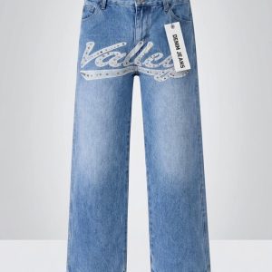 Valley Embroidered Studded Wide-Leg Denim Jeans