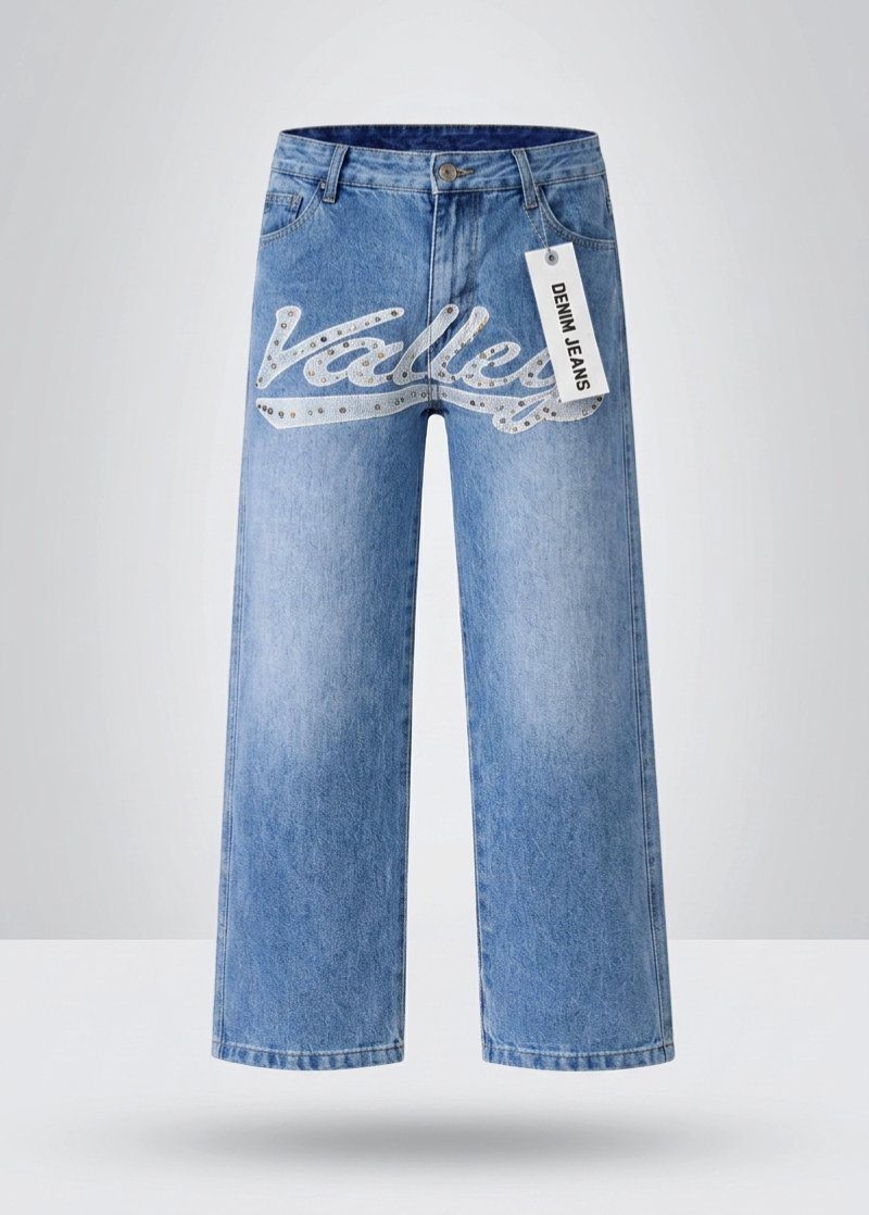 Valley Embroidered Studded Wide-Leg Denim Jeans