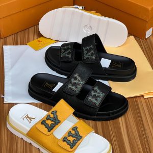 LV Embellished Dual-Strap Pebbled Leather Slides