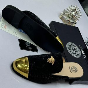 Versace Rhinestone-Embellished Gold Cap-Toe Mules