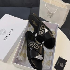 Versace Leather Cross-Strap Slides | Pam Slippers