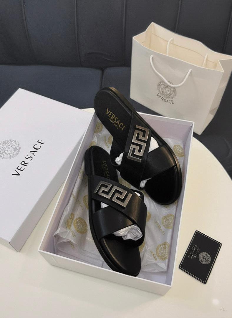 Versace Leather Cross-Strap Slides | Pam Slippers