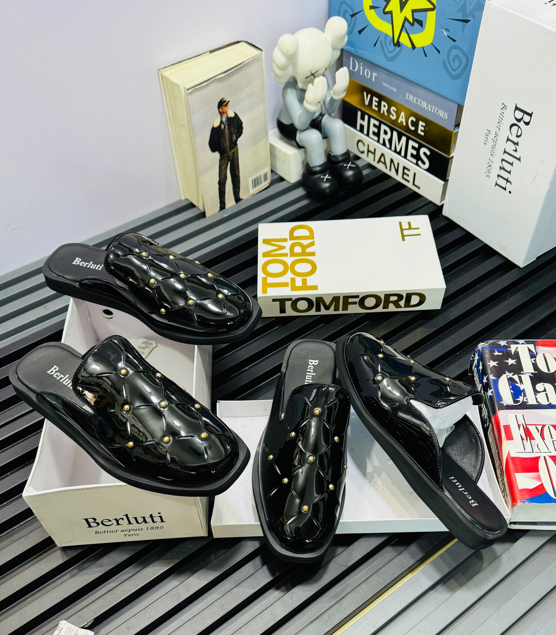 Berluti Quilted Patent Leather Studded Mules | Halfshoe