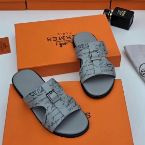 Hermès Script-Print Buckled Leather Pam Slippers