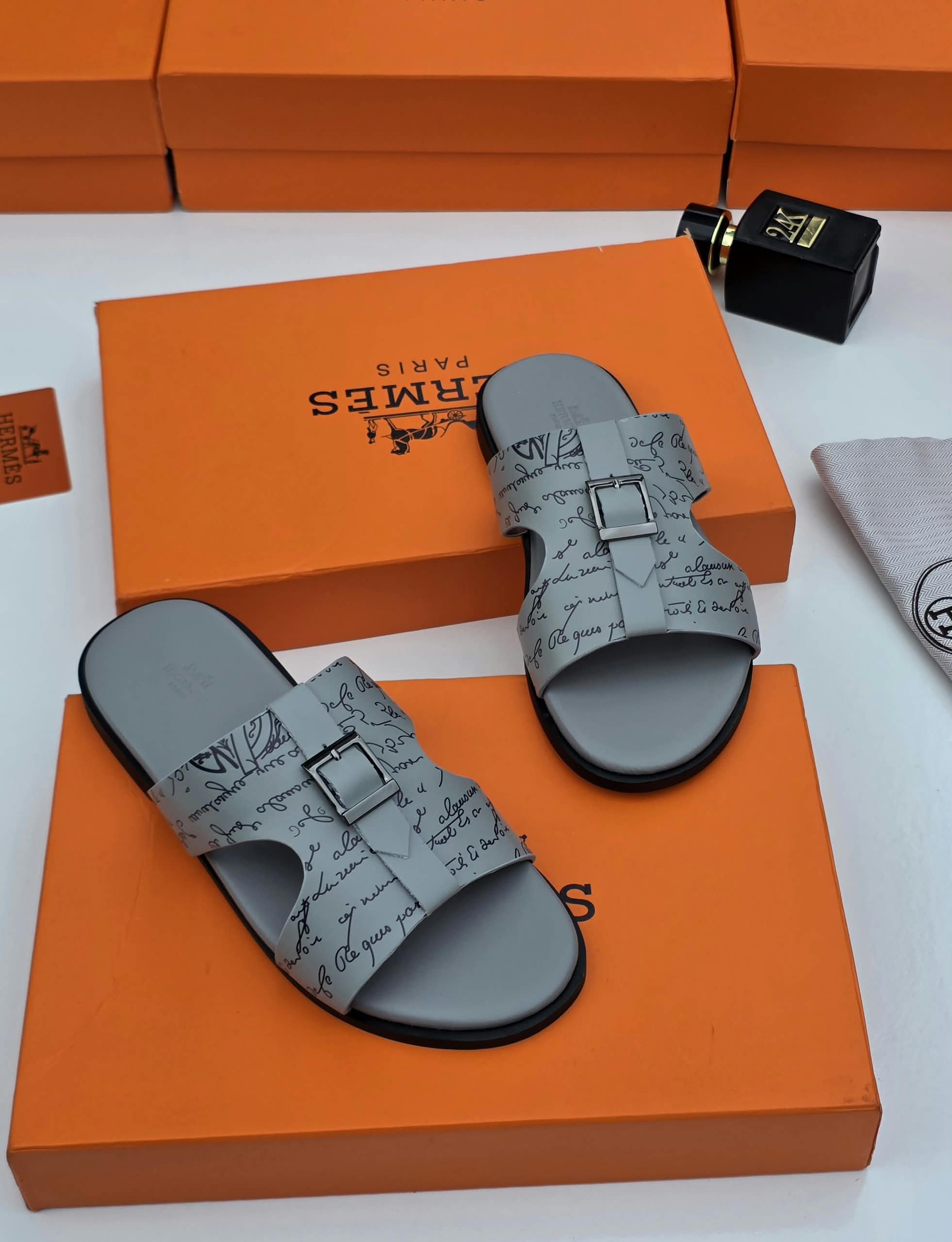 Hermès Script-Print Buckled Leather Pam Slippers