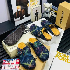 Star-Print Distressed Denim Boston Mules