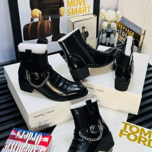 Chain-Accented Leather Western Ankle Boots