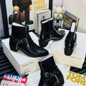 Crocodile-Embossed Chain-Accented Leather Western Ankle Boots