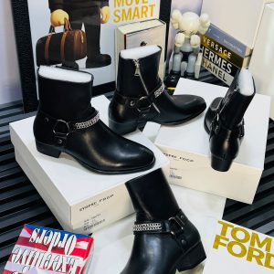 Chain-Accented Leather Western Ankle Boots