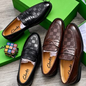 Clarks England Checkered-Vamp Leather Penny Loafers